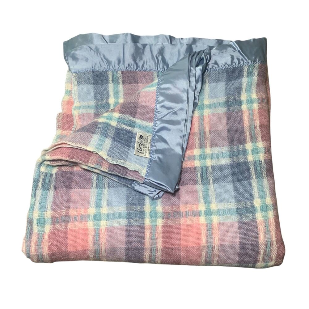 Vintage Faribo Plaid Blue Pink Pastel Wool Blend Blanket USA Satin Edge 80x74.5